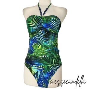 Chaps Green and Blue Leaf Print One Piece Swimsuit